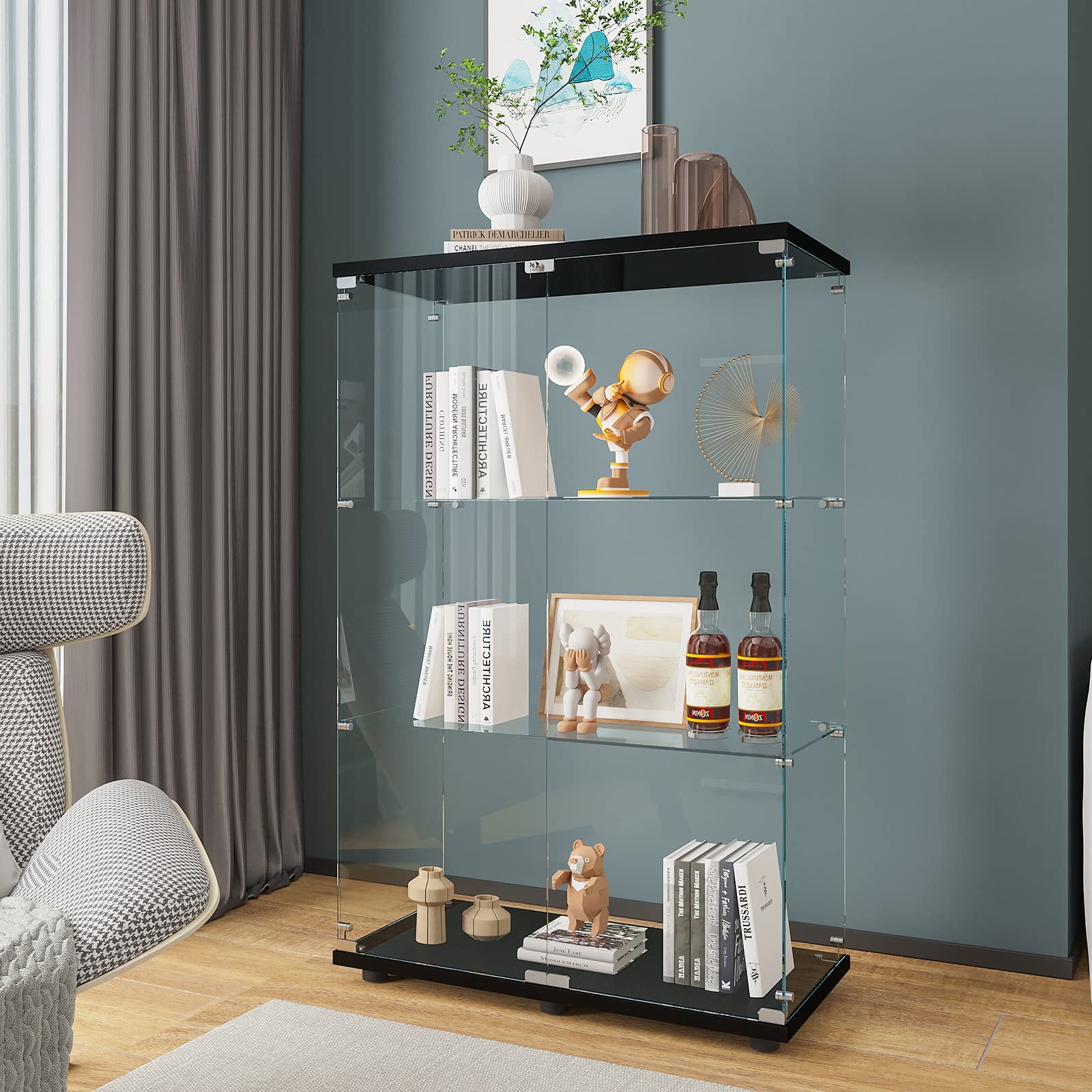 Beauty4U 2-Door Glass Display Cabinet, Black Curio Cabinets For Living Room, Bedroom, Office, Collection Display, Quick Installation In 30 Mins, 3 Shelves Black Floor Standing Glass Bookshelf